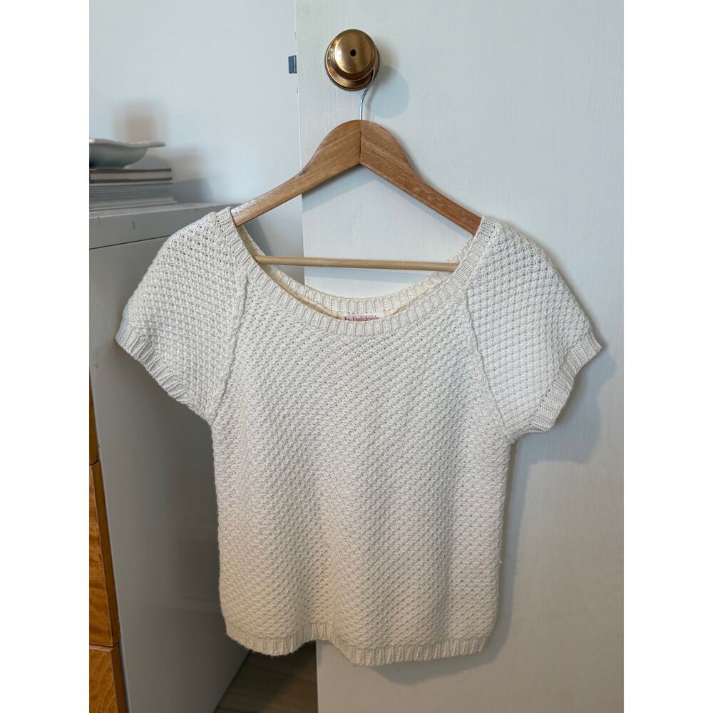 Vintage Cream Knit Short Sleeve Sweater Textured Cotton Blend Top ✨